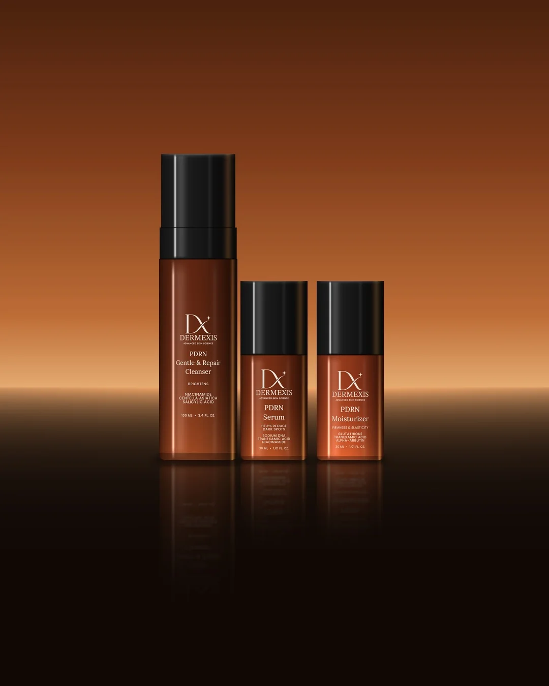 The Dermexis cleanser, serum and moisturizer in amber glass bottles, standing on a glossy surface